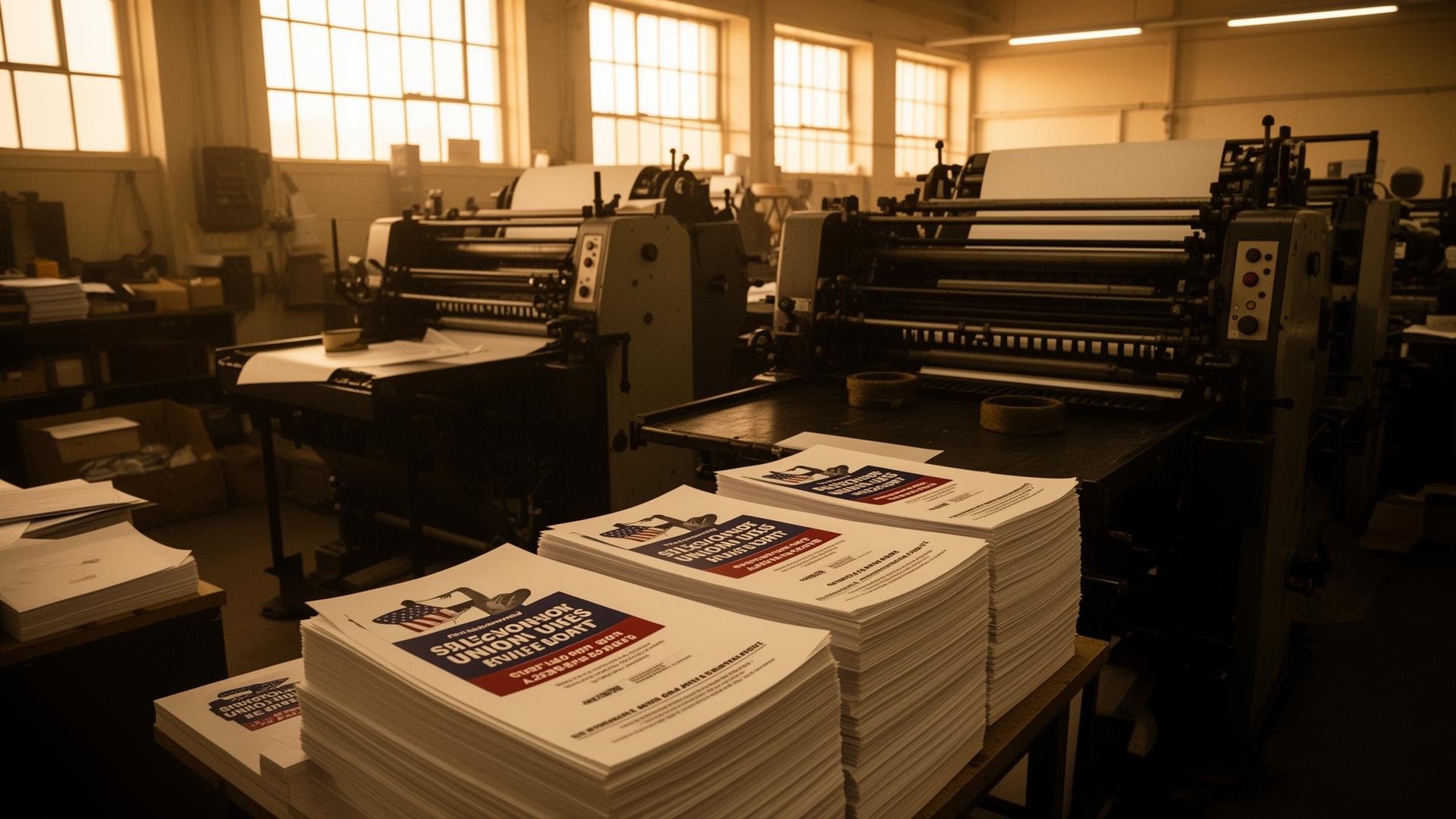 Union print shop floor with stacks of freshly printed political mail
